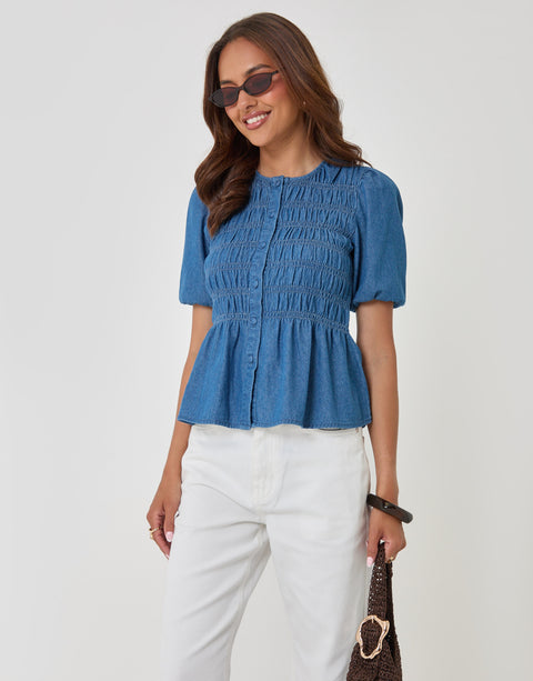 Threadbare Denim Short Sleeve Smock Blouse in Mid Wash - full body