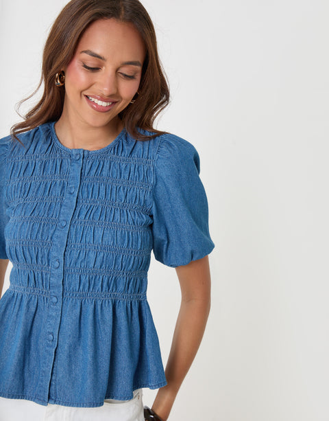 Threadbare Denim Short Sleeve Smock Blouse in Mid Wash - close up