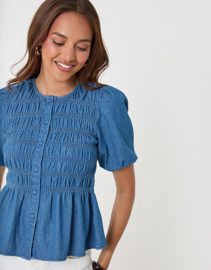 Threadbare Denim Short Sleeve Smock Blouse in Mid Wash - close up