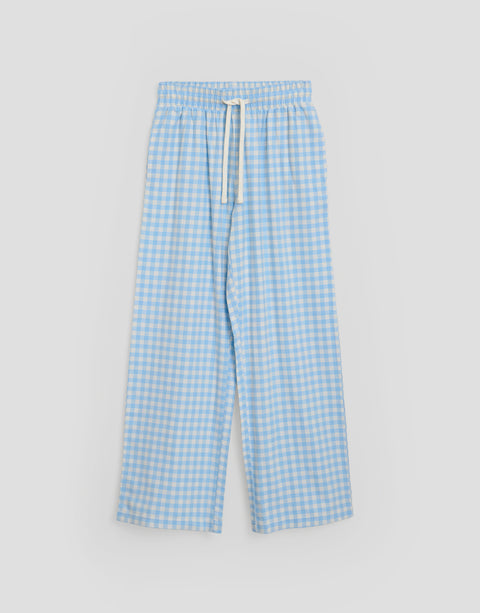 Threadbare Long Sleeve V-Neck Pyjama Set in Blue Check - flat lay bottoms