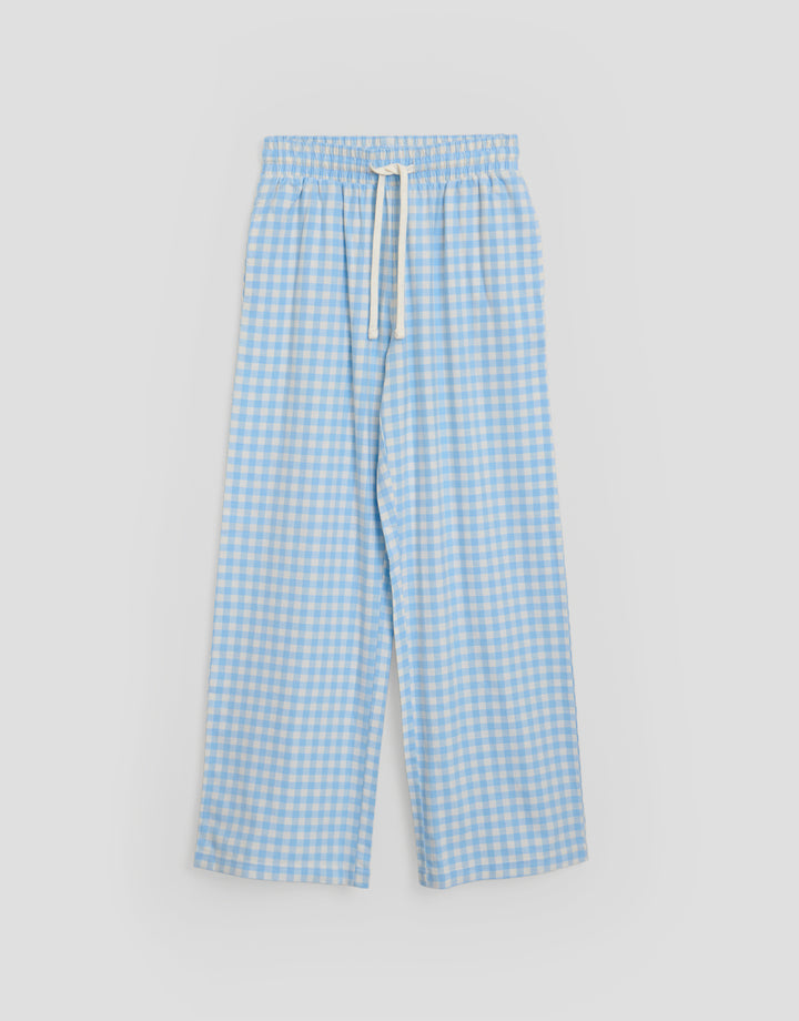 Threadbare Long Sleeve V-Neck Pyjama Set in Blue Check - flat lay bottoms