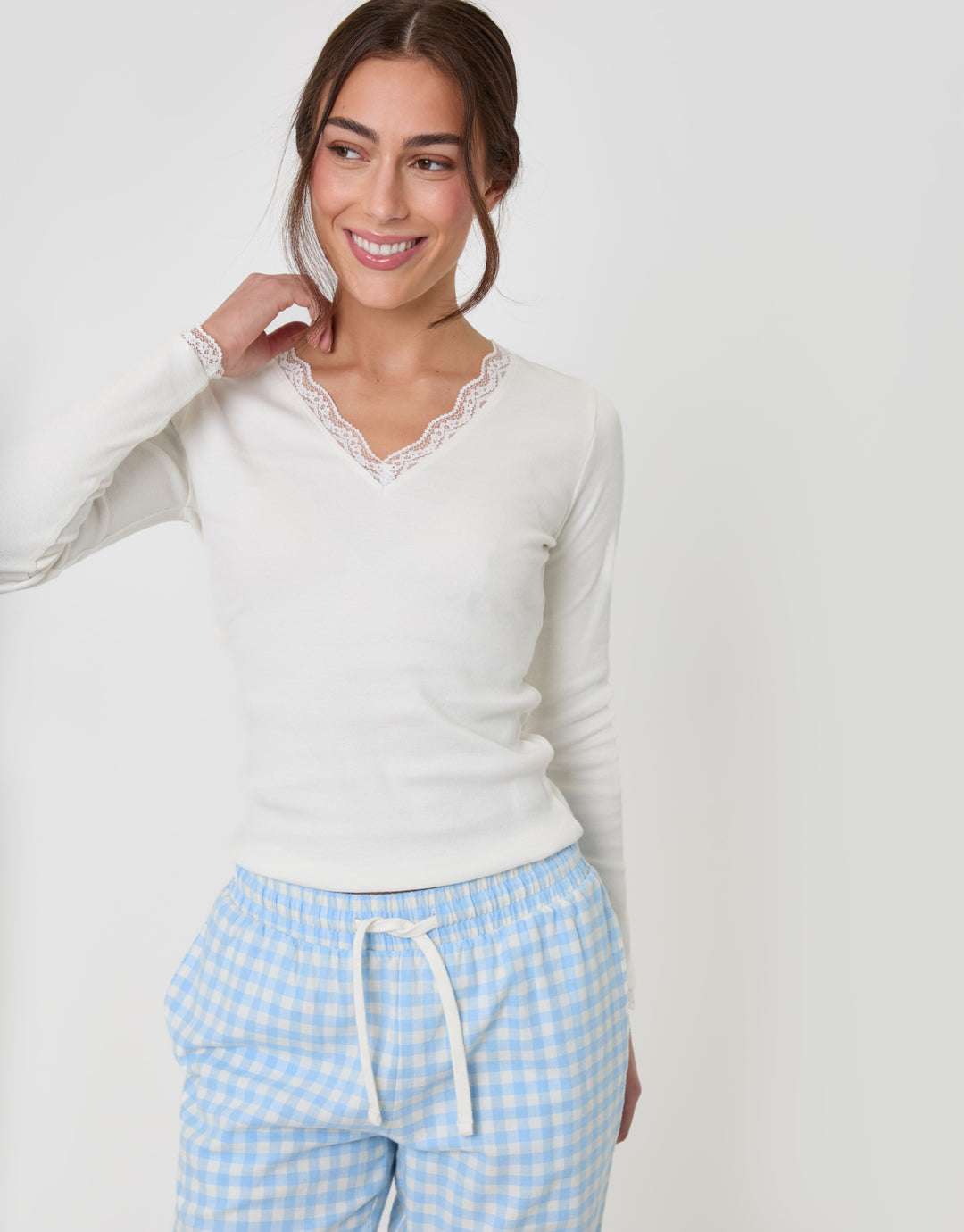 Threadbare Long Sleeve V-Neck Pyjama Set in Blue Check - front view