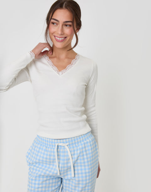 Threadbare Long Sleeve V-Neck Pyjama Set in Blue Check - front view