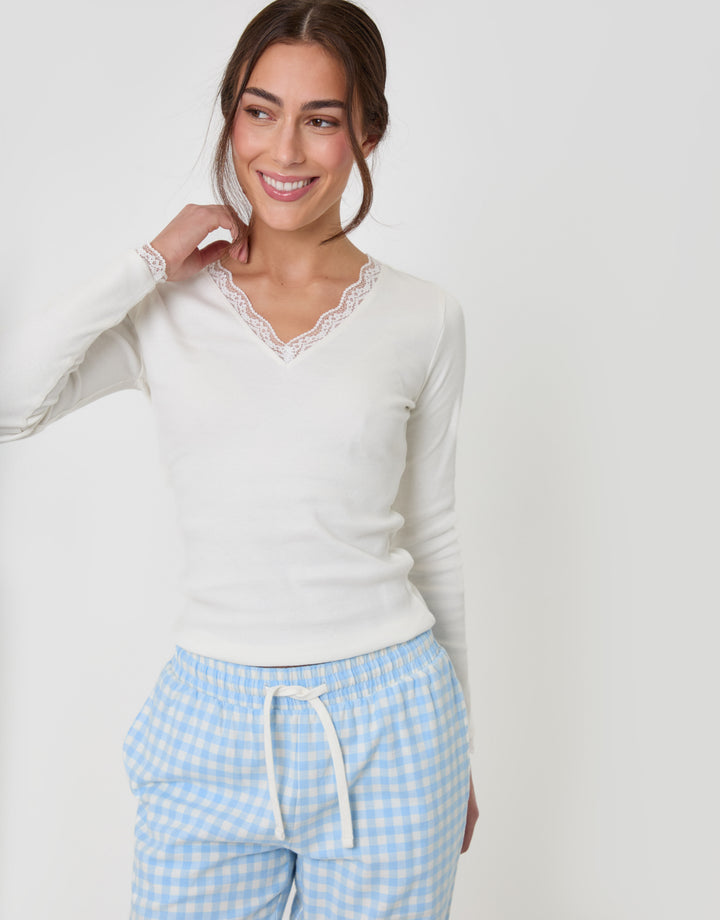 Threadbare Long Sleeve V-Neck Pyjama Set in Blue Check - front view