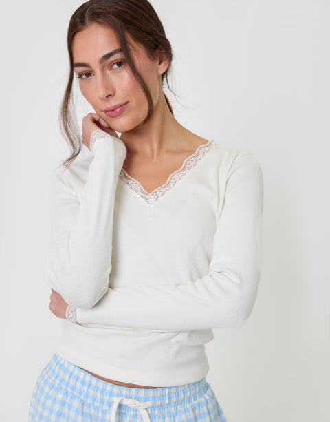 Threadbare Long Sleeve V-Neck Pyjama Set in Blue Check - close up