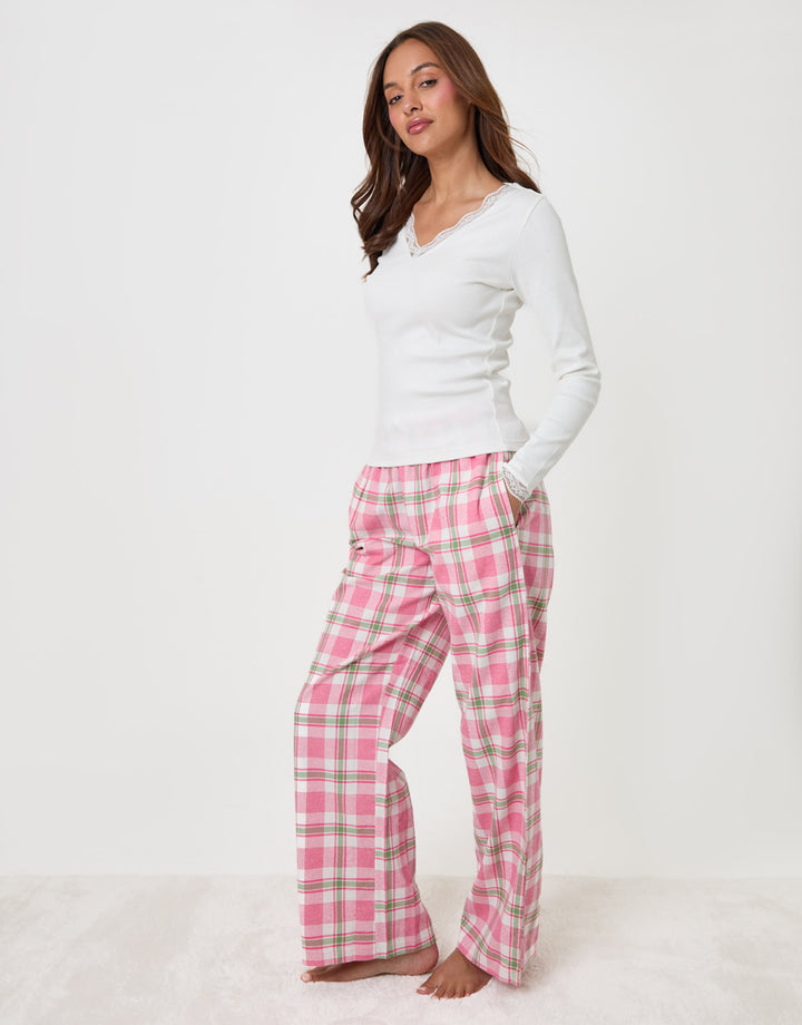 Threadbare Cotton Top & Flannel Trousers Pyjama Set in Pink Check - front view