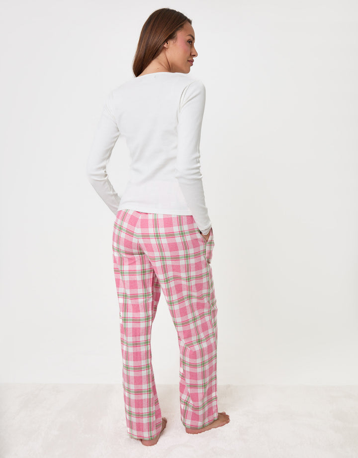 Threadbare Petite Cotton Top & Flannel Trousers Pyjama Set in Pink Check - back view