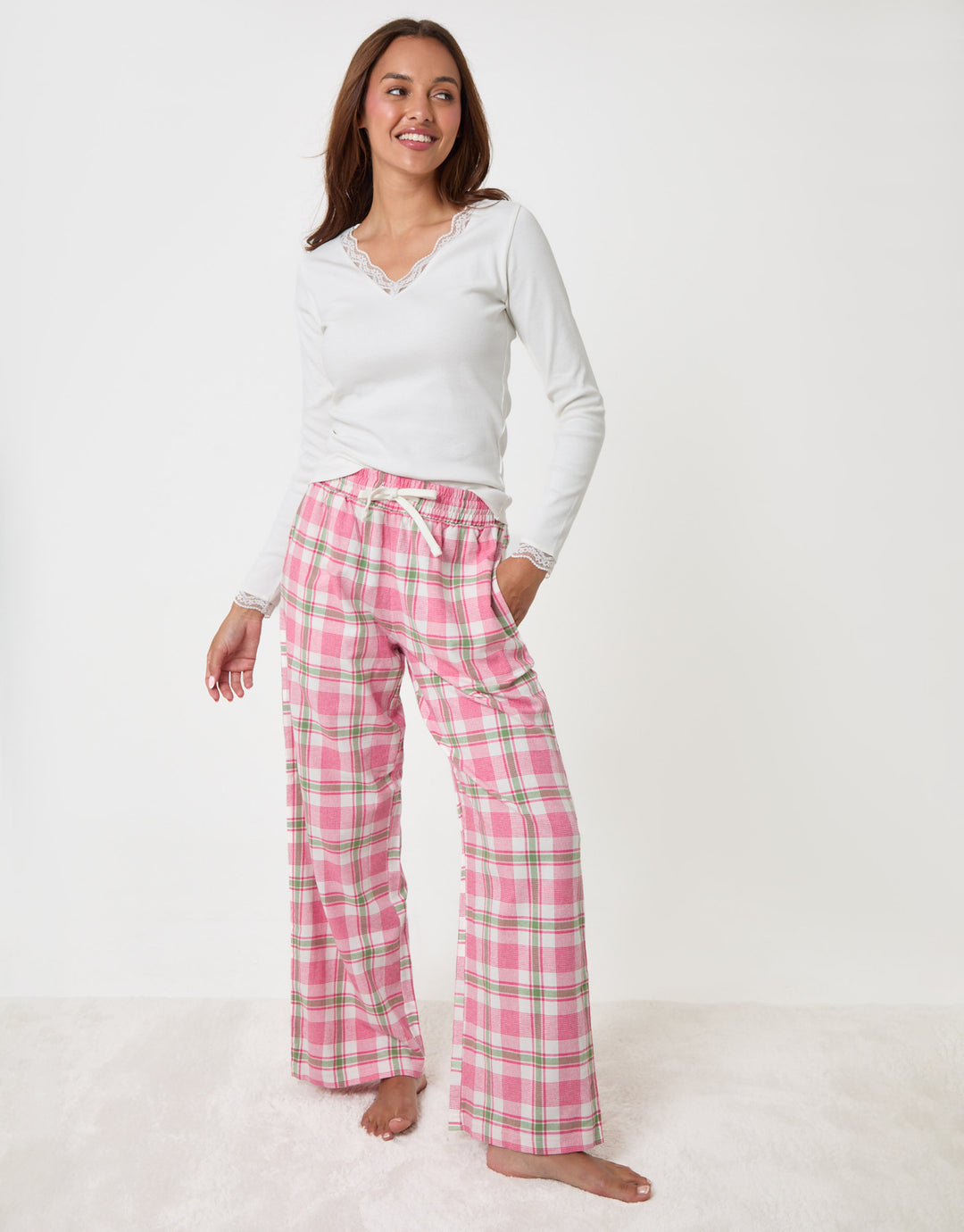 Threadbare Petite Cotton Top & Flannel Trousers Pyjama Set in Pink Check - full body