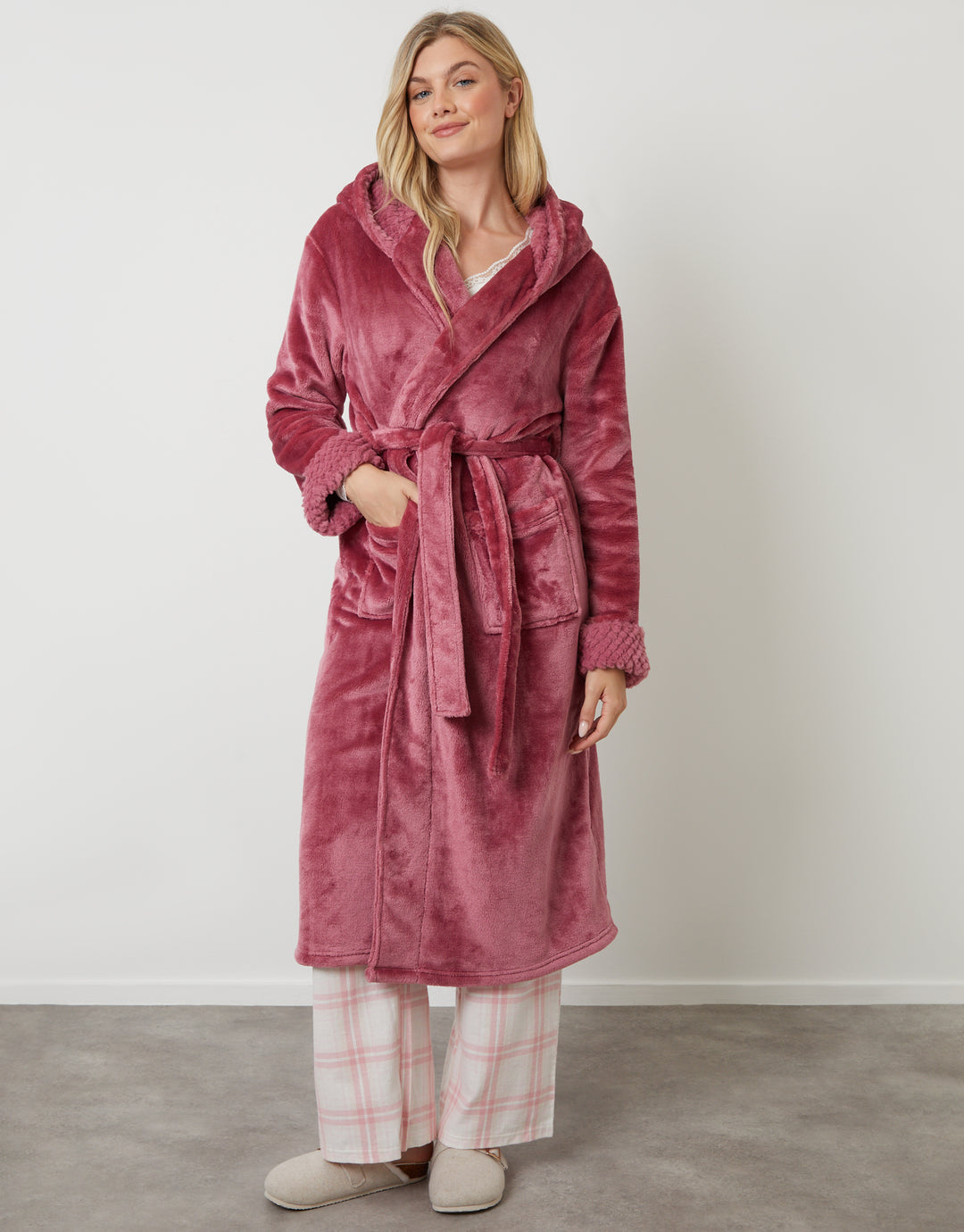 Pink Soft Faux Fur Trim Dressing Gown