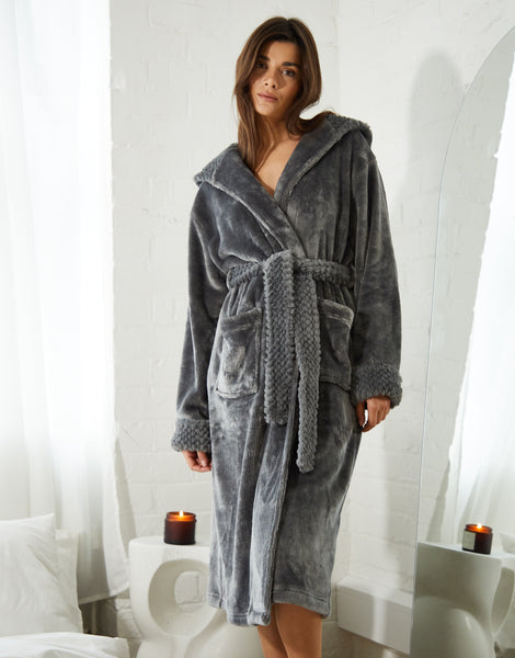 Women's Grey Soft Faux Fur Trim Hooded Ladies' Dressing Gown – Threadbare