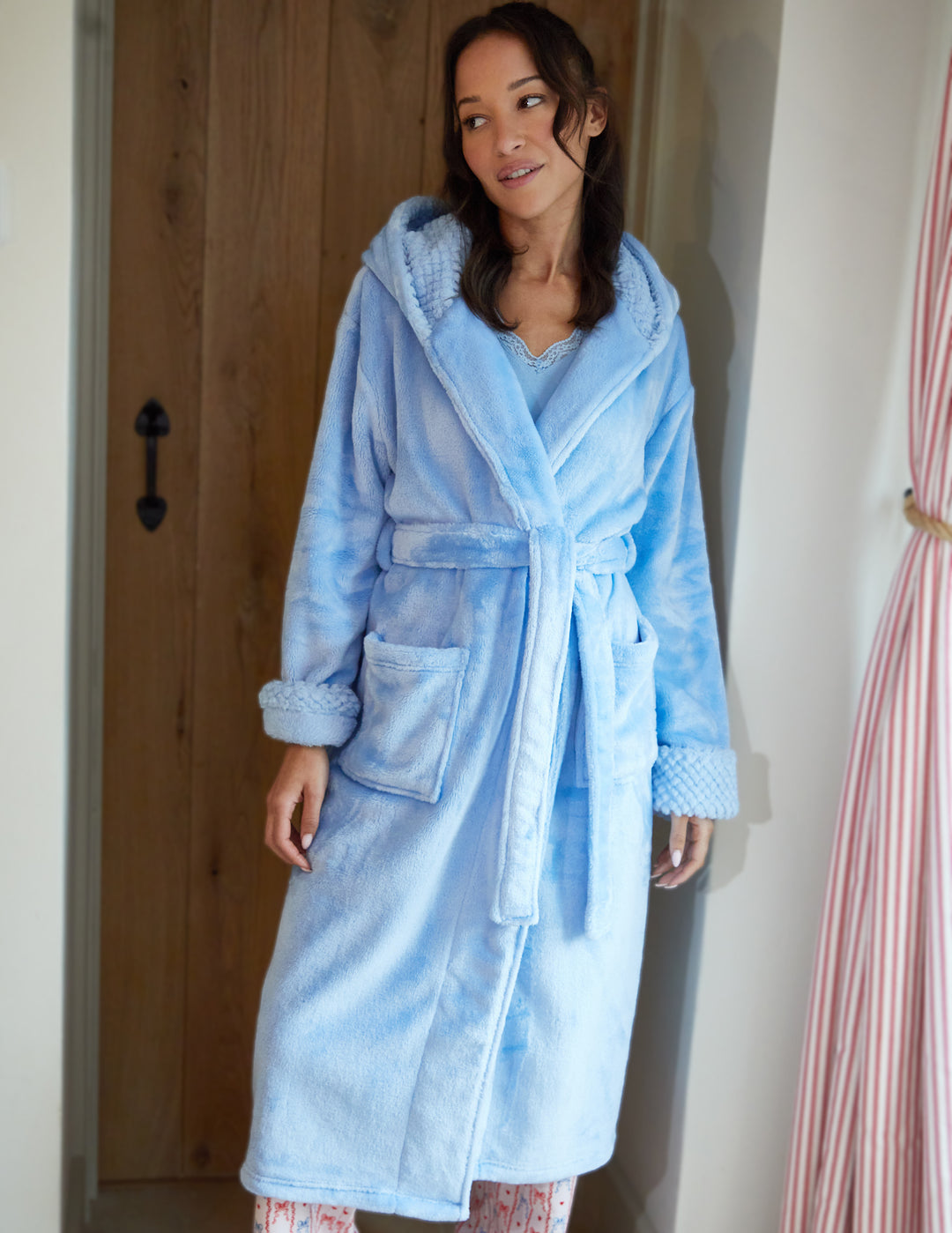 Blue Soft Faux Fur Trim Dressing Gown