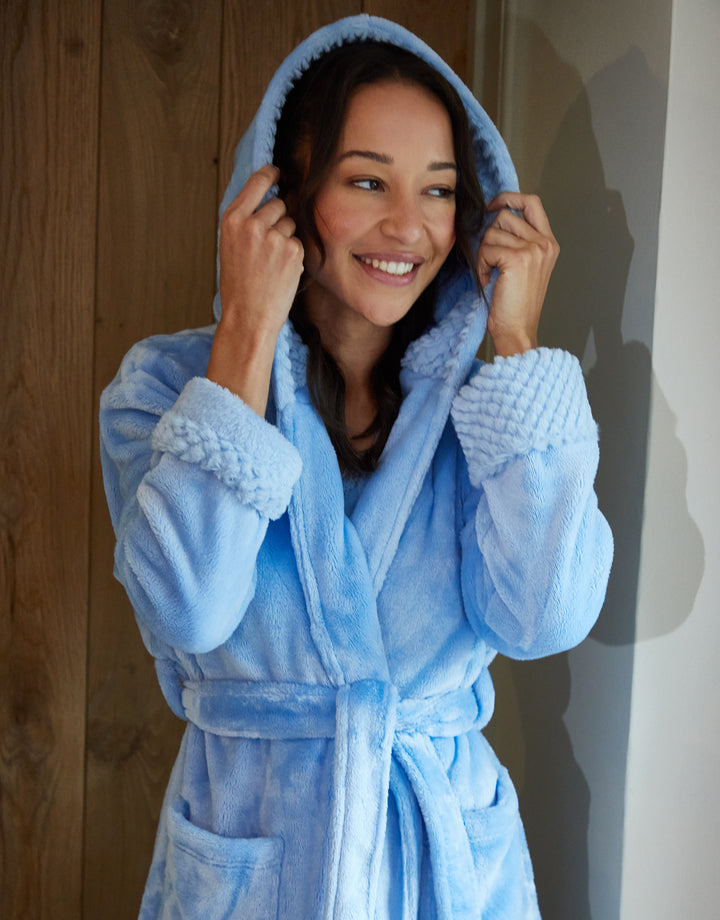 Blue Soft Faux Fur Trim Dressing Gown