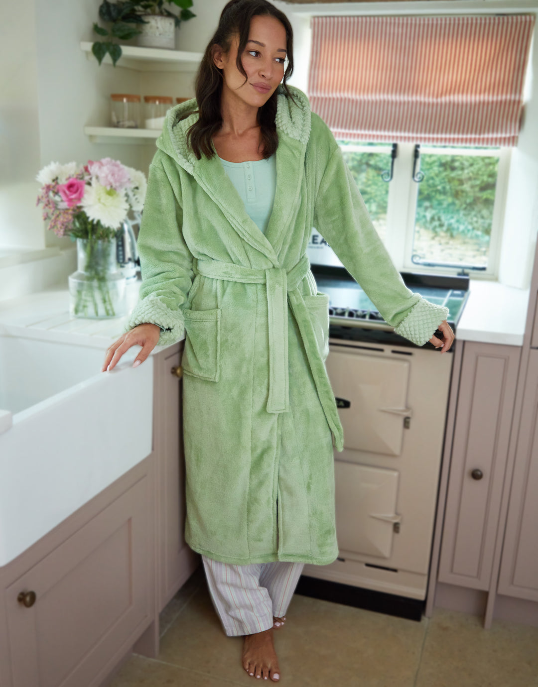 Sage Green Soft Faux Fur Trim Dressing Gown