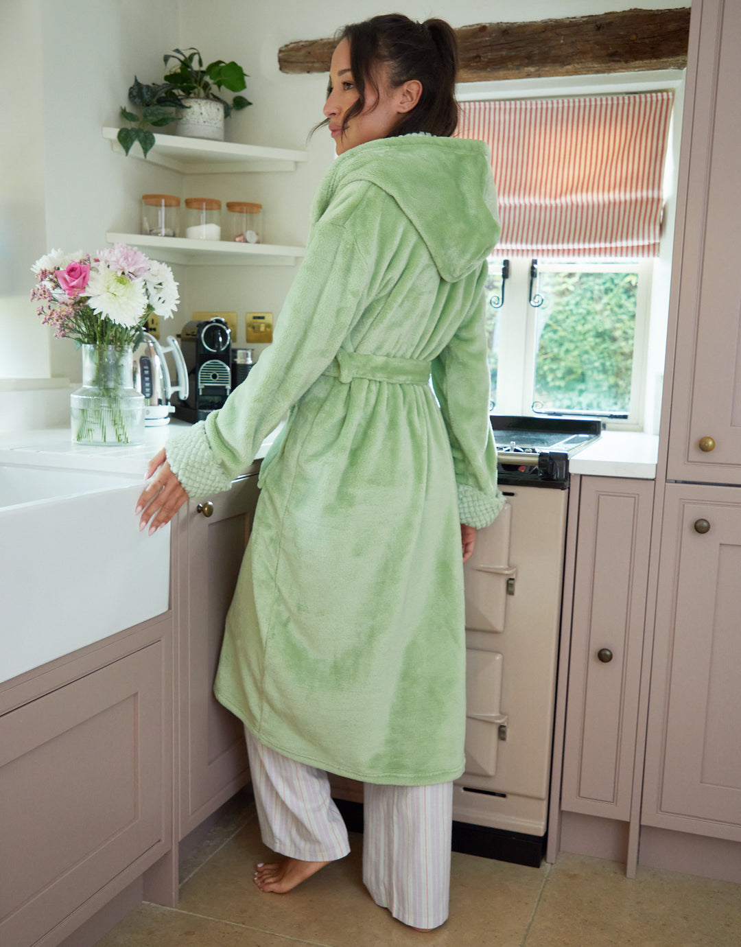 Threadbare Women's Sage Green Soft Faux Fur Trim Dressing Gown Threadbare Women's Sage Green Soft Faux Fur Trim Dressing Gown