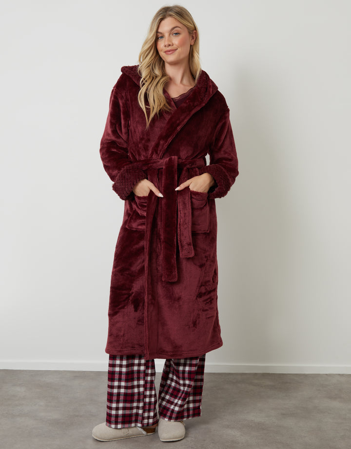 Berry Red Soft Faux Fur Trim Dressing Gown