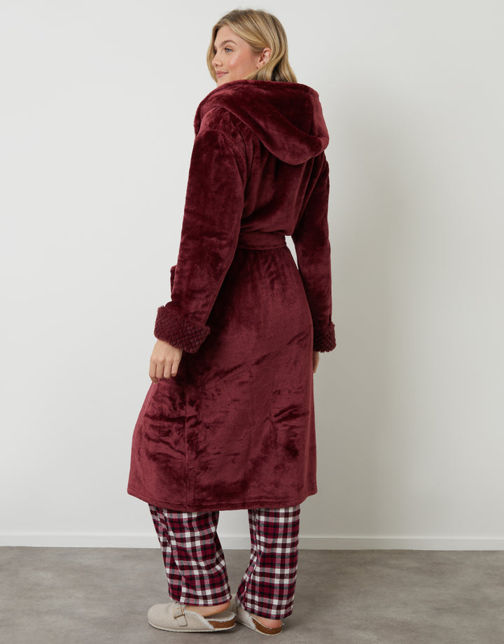 Berry Red Soft Faux Fur Trim Dressing Gown