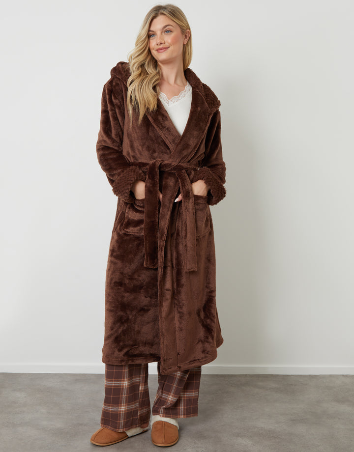 Chocolate Brown Soft Faux Fur Trim Dressing Gown
