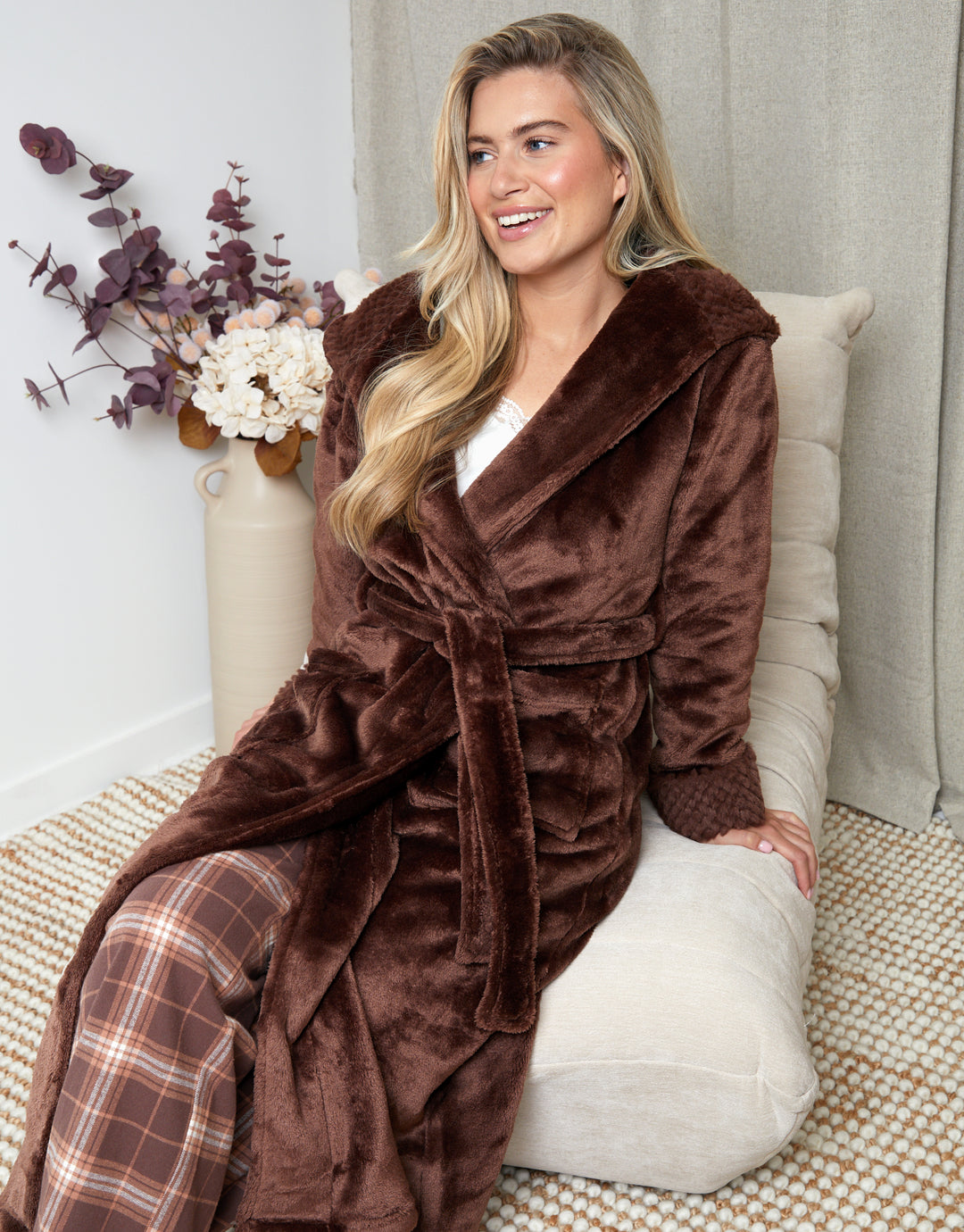 Chocolate Brown Soft Faux Fur Trim Dressing Gown