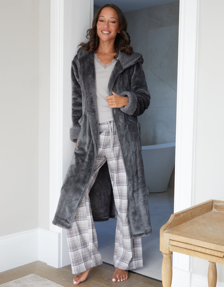 Grey Soft Faux Fur Trim Dressing Gown