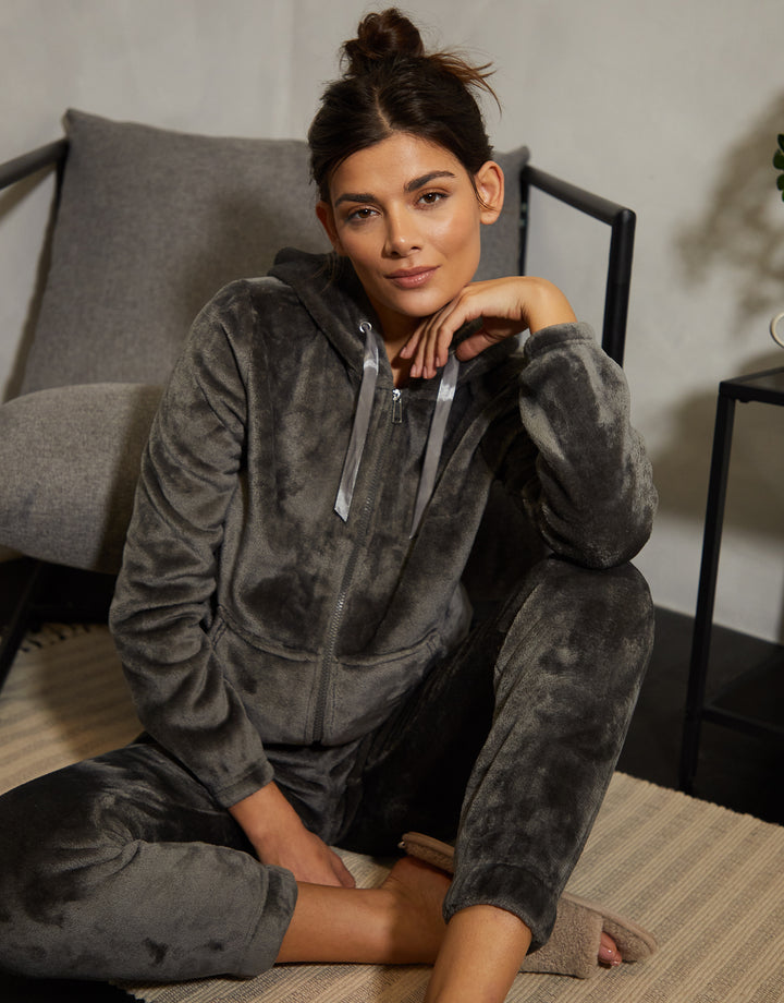 Grey Soft Velour Loungewear Set (2-Piece Set)