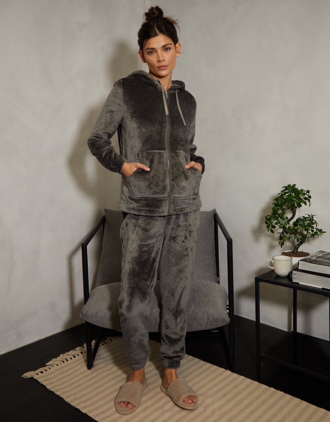 Grey Soft Velour Loungewear Set (2-Piece Set)