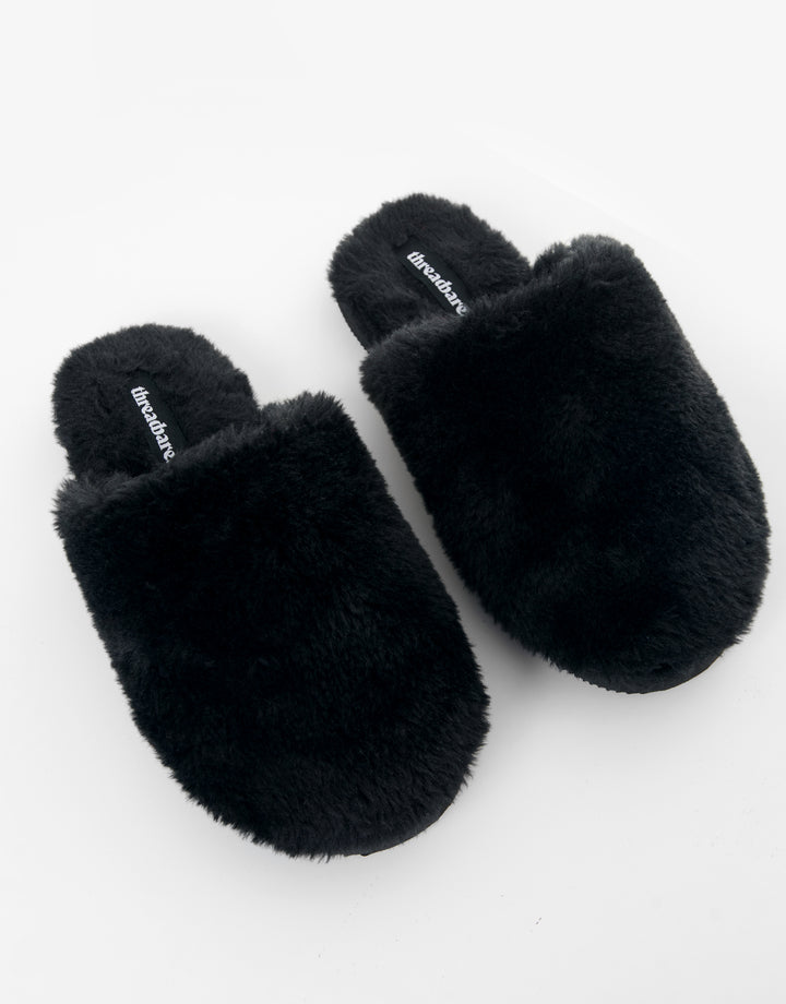 Black Faux Fur Mule Slippers