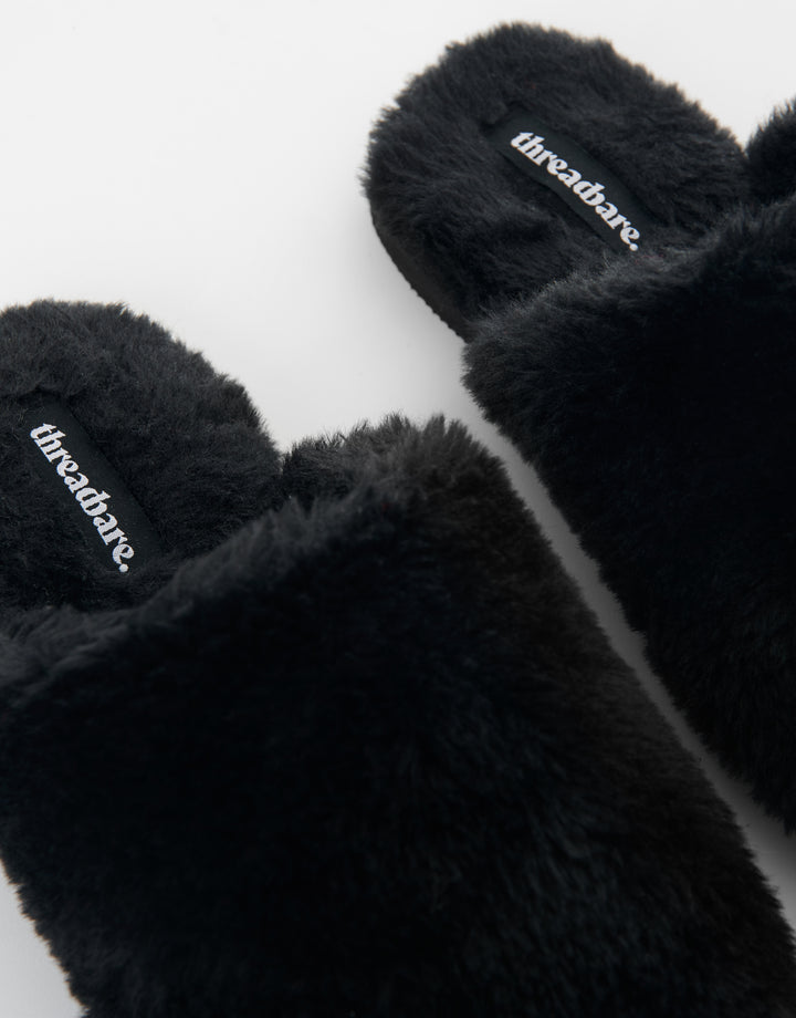 Black Faux Fur Mule Slippers