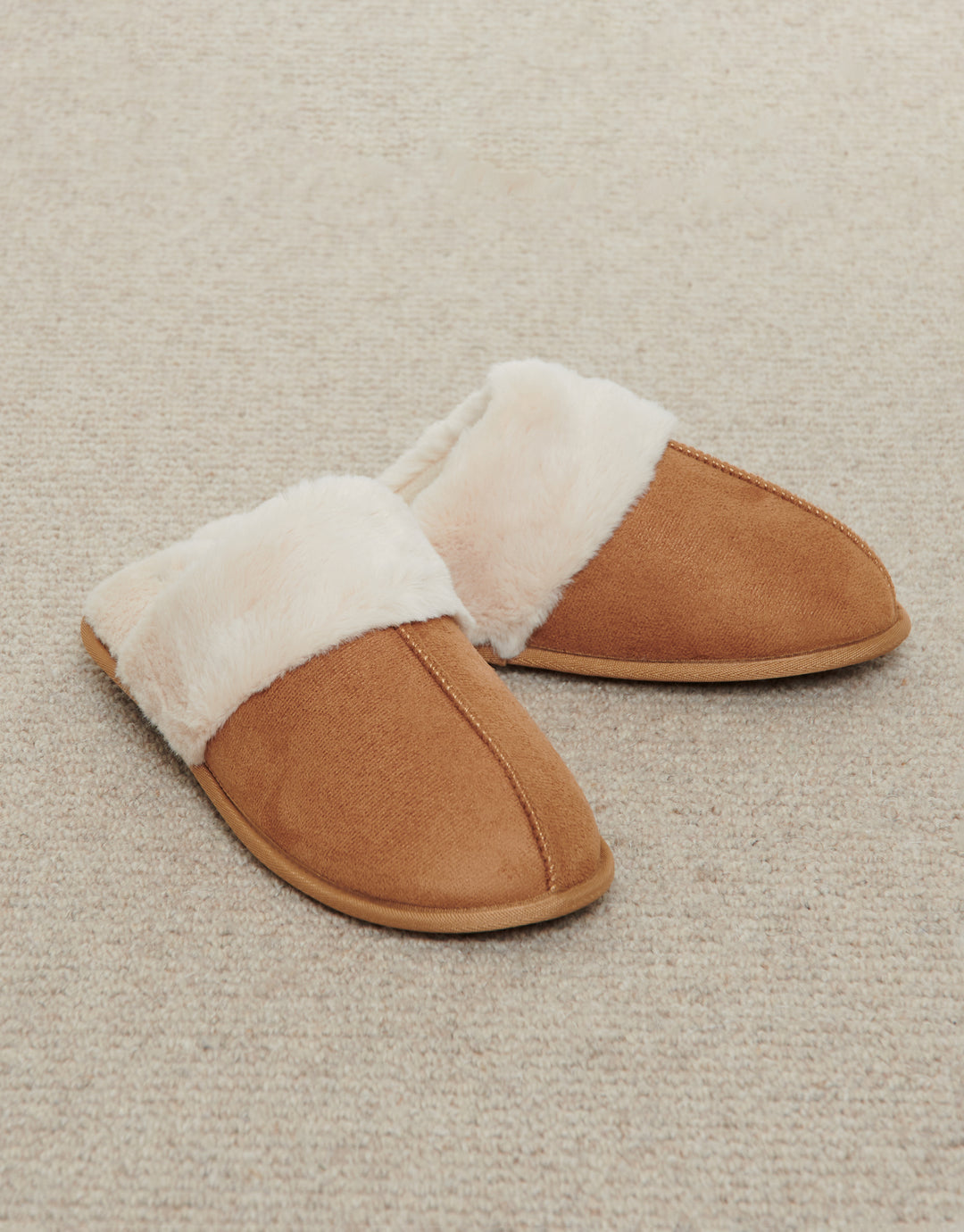 Brown Faux Suede Faux Fur Lined Mule Slippers