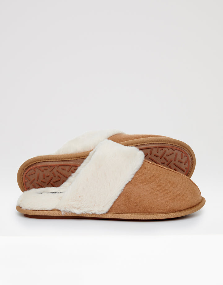 Brown Faux Suede Faux Fur Lined Mule Slippers