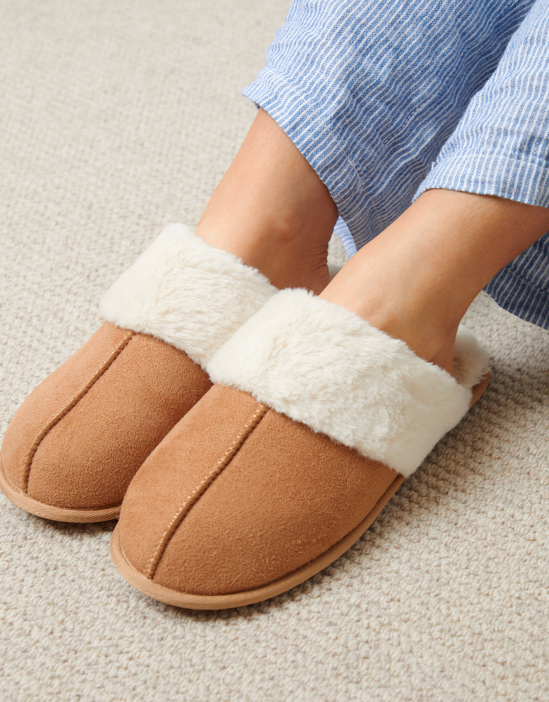 Brown Faux Suede Faux Fur Lined Mule Slippers