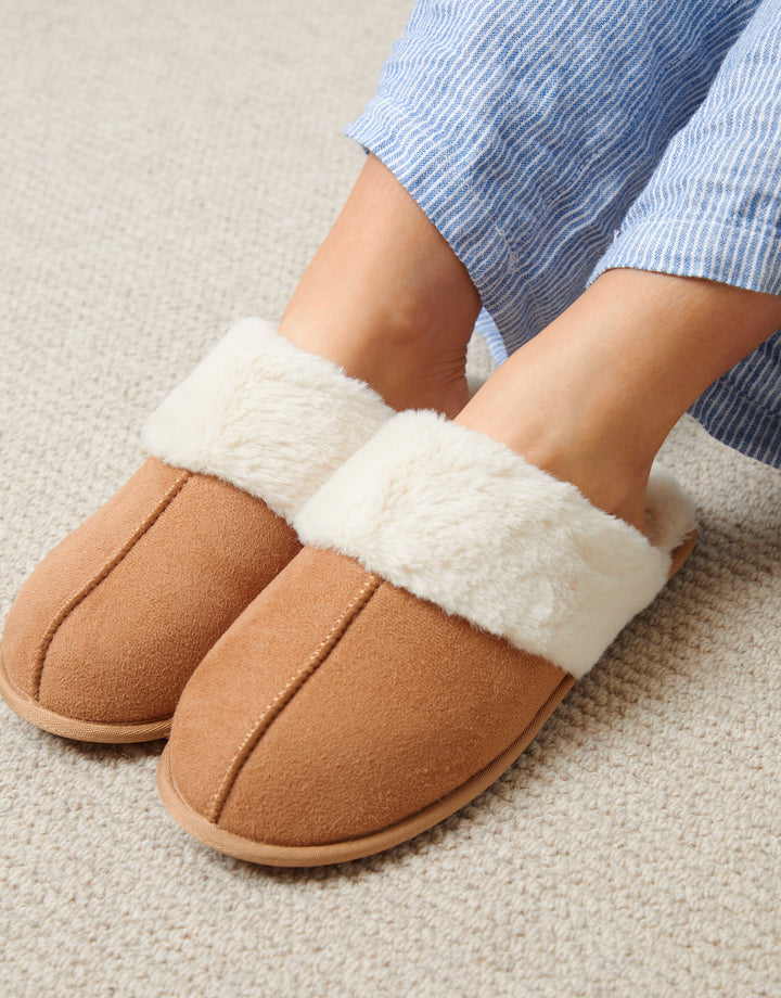 Brown Faux Suede Faux Fur Lined Mule Slippers