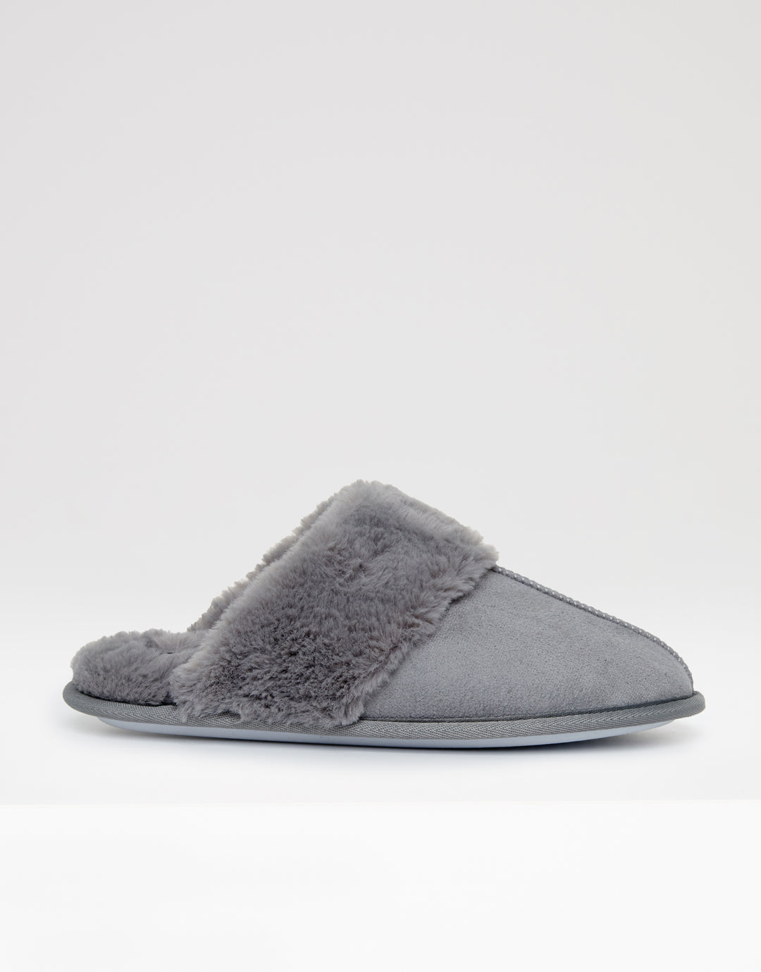 Grey Faux Suede Faux Fur Lined Mule Slippers