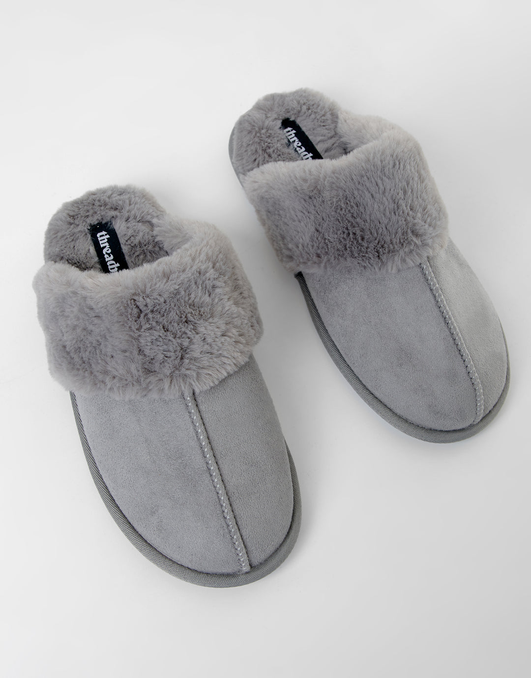 Grey Faux Suede Faux Fur Lined Mule Slippers