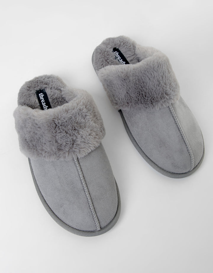 Grey Faux Suede Faux Fur Lined Mule Slippers