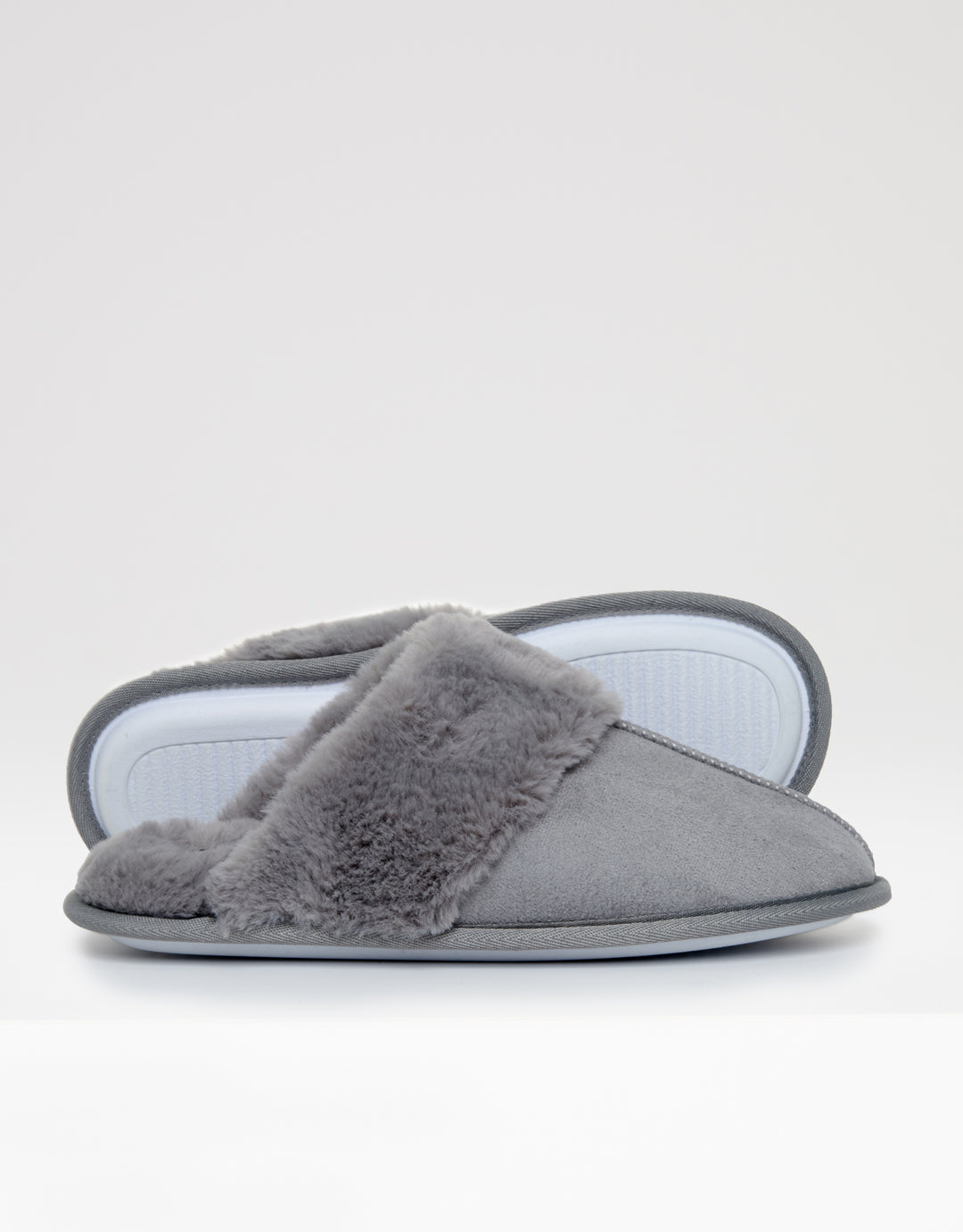 Grey Faux Suede Faux Fur Lined Mule Slippers