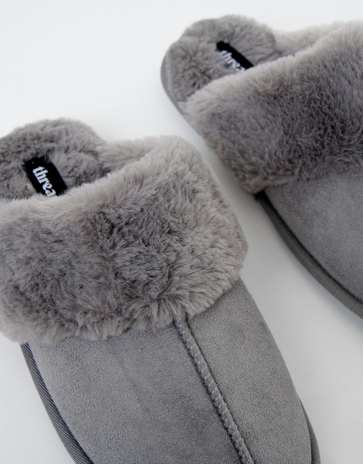 Grey Faux Suede Faux Fur Lined Mule Slippers