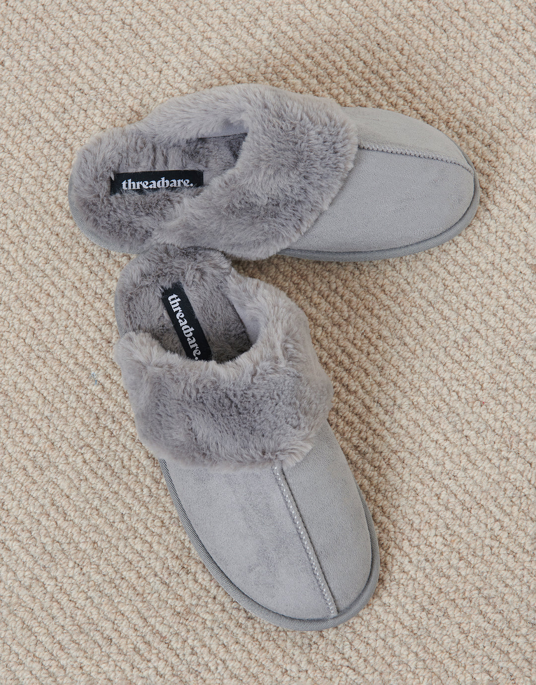 Threadbare Women's Grey Faux Suede Faux Fur Lined Mule Slippers