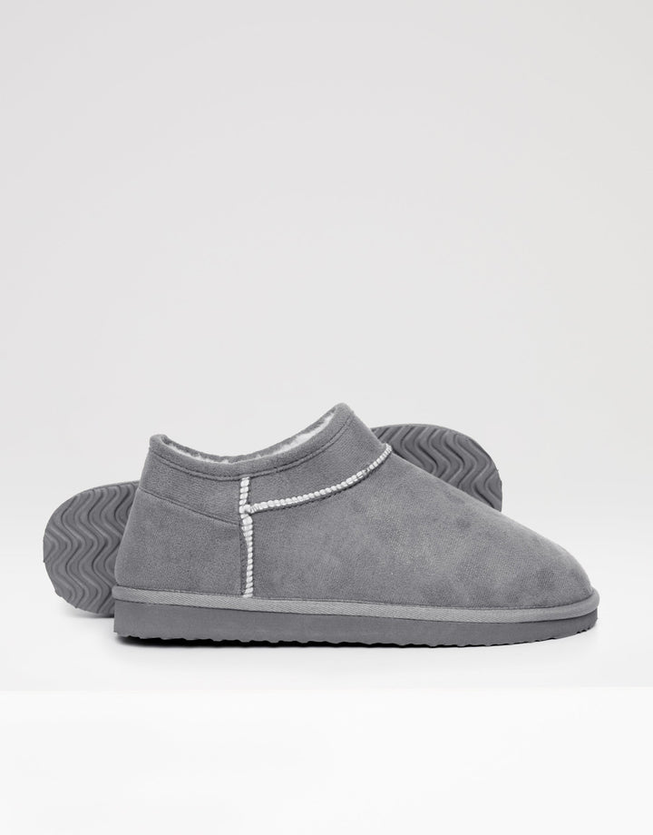 Grey Faux Suede Faux Fur Lined Slipper Boots