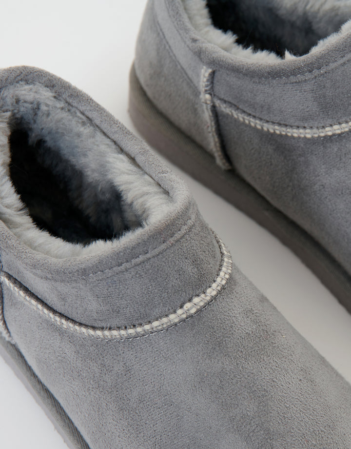 Grey Faux Suede Faux Fur Lined Slipper Boots