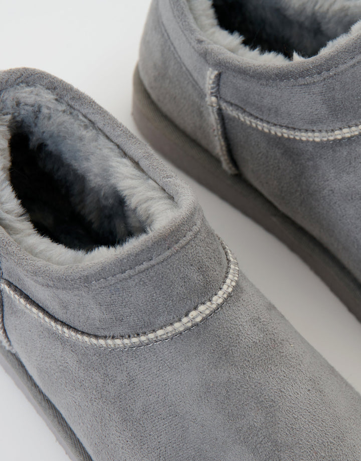 Grey Faux Suede Faux Fur Lined Slipper Boots