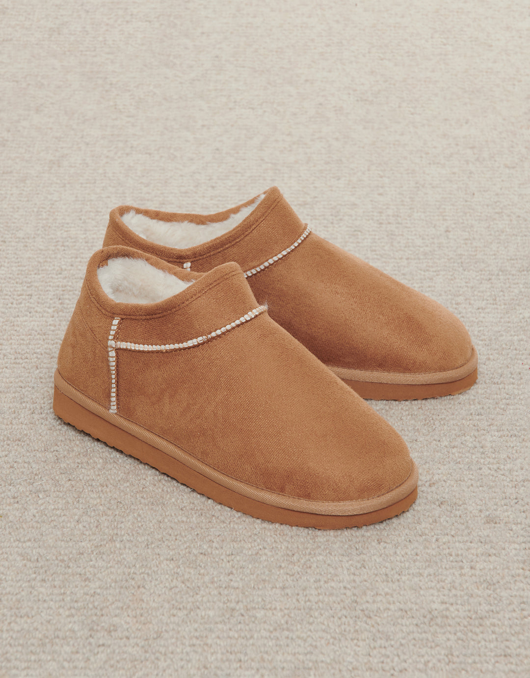 Brown Faux Suede Faux Fur Lined Slipper Boots in Chestnut Brown
