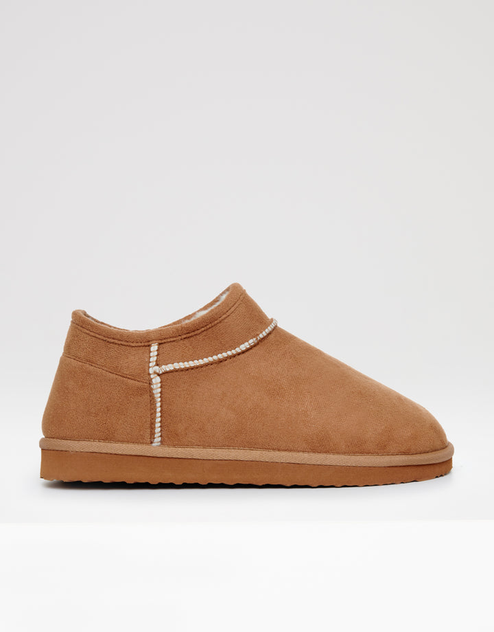Brown Faux Suede Faux Fur Lined Slipper Boots in Chestnut Brown