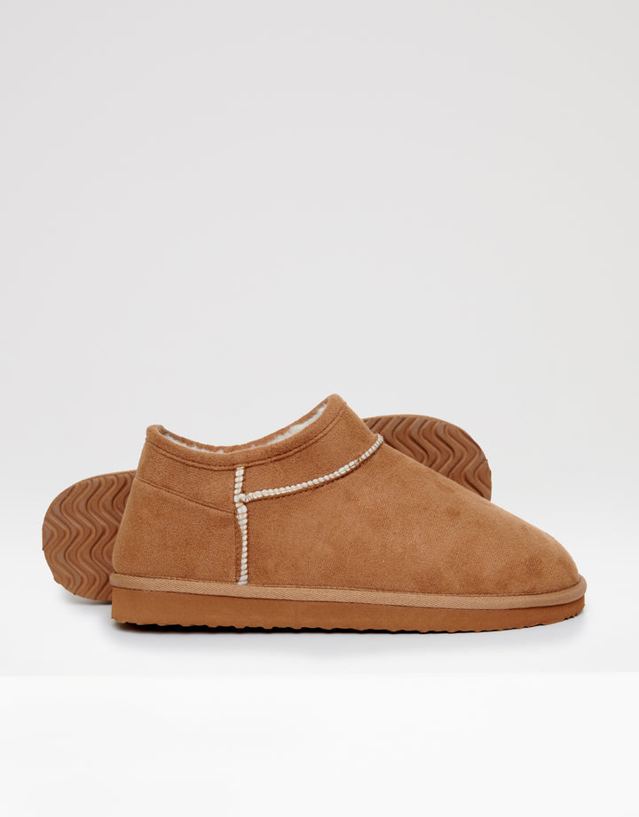 Brown Faux Suede Faux Fur Lined Slipper Boots in Chestnut Brown