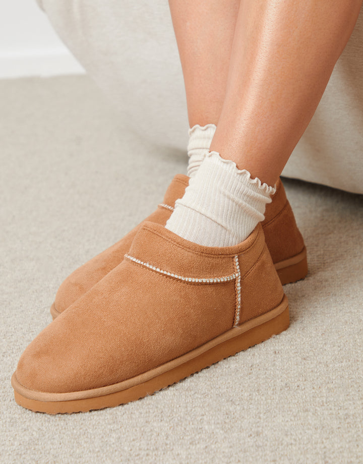Brown Faux Suede Faux Fur Lined Slipper Boots in Chestnut Brown