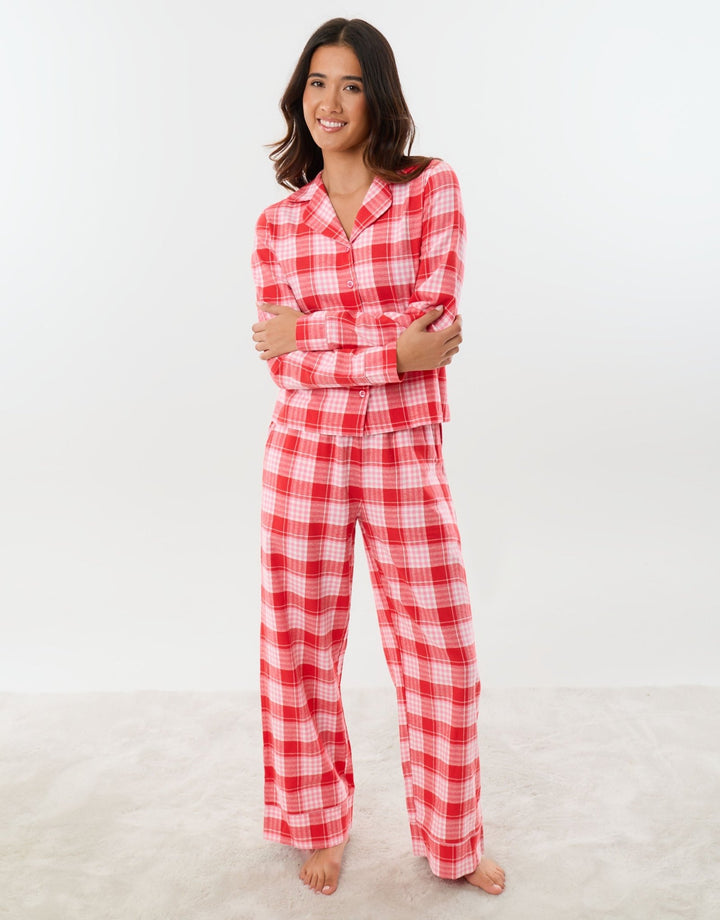 Threadbare Cotton Button Up Pyjama Set in Red Check - full front view