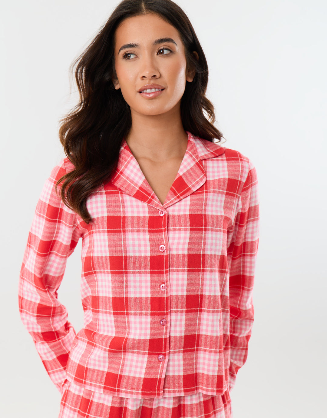Petite Cotton Button Up Pyjama Set in Red Check