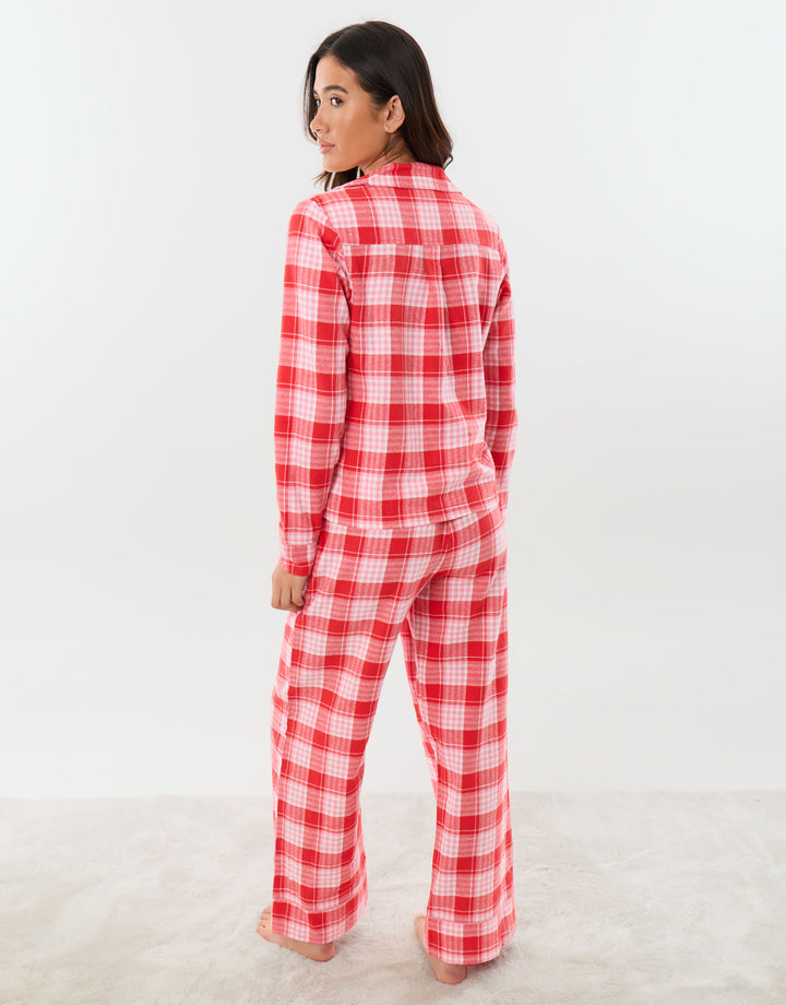 Petite Cotton Button Up Pyjama Set in Red Check