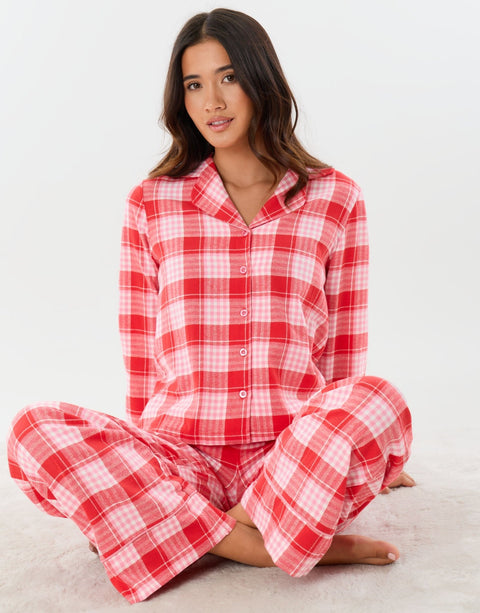 Threadbare Petite Cotton Button Up Pyjama Set in Red Check - sat down view