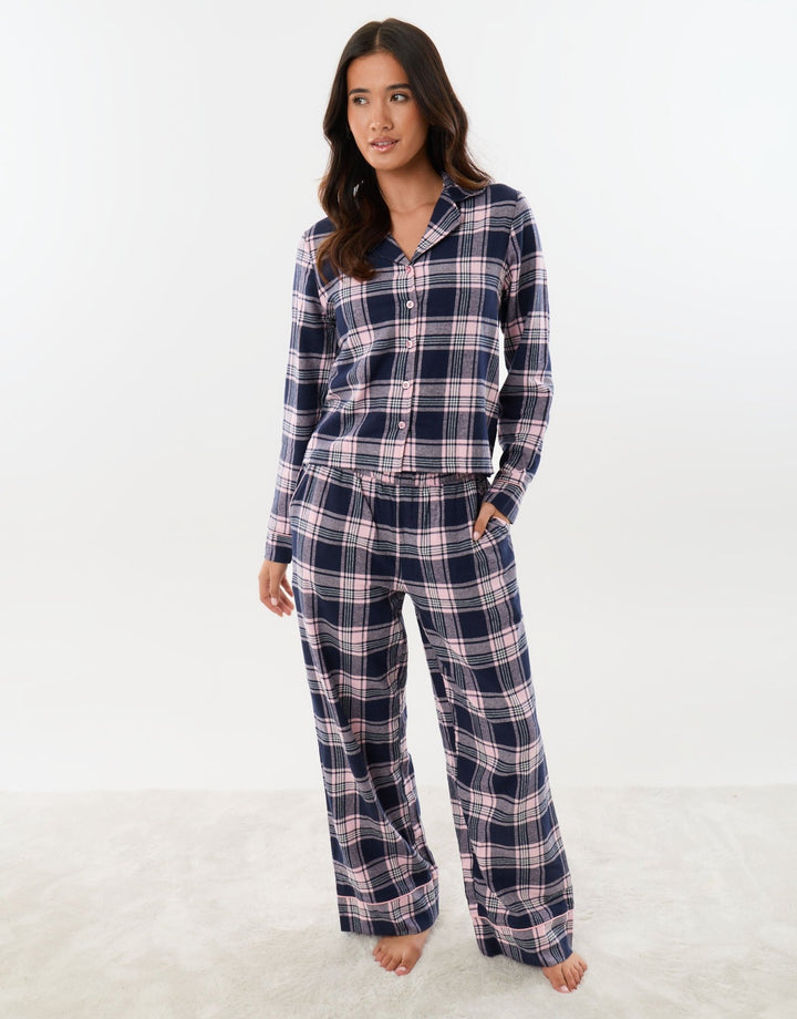 Threadbare Cotton Button Up Pyjama Set in Navy Check -  front view