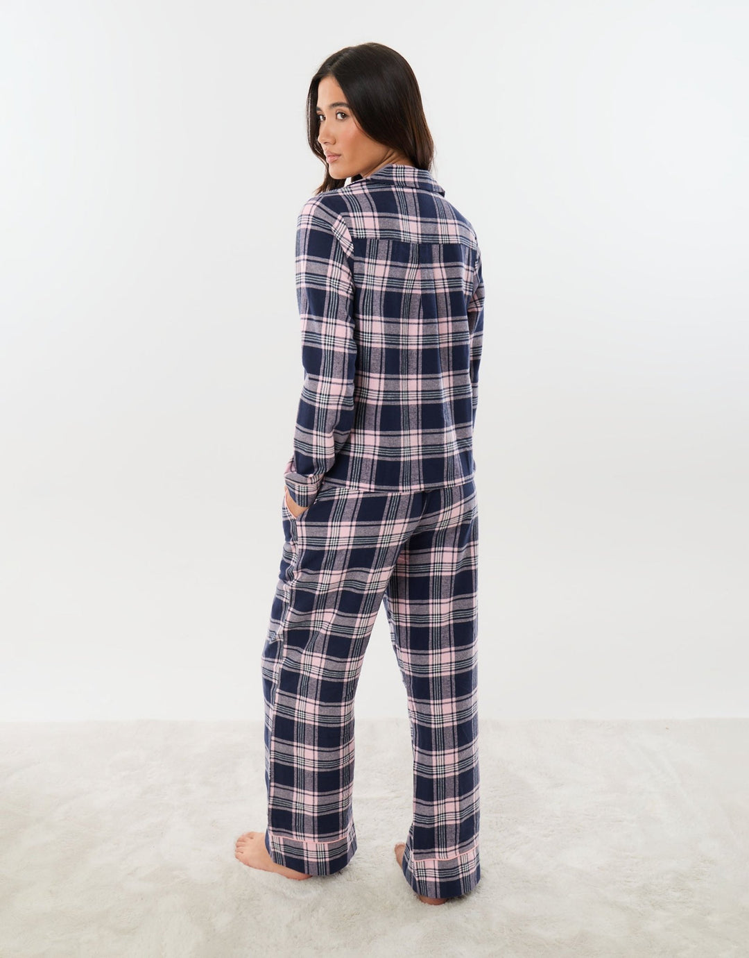 Threadbare Cotton Button Up Pyjama Set in Navy Check - back view